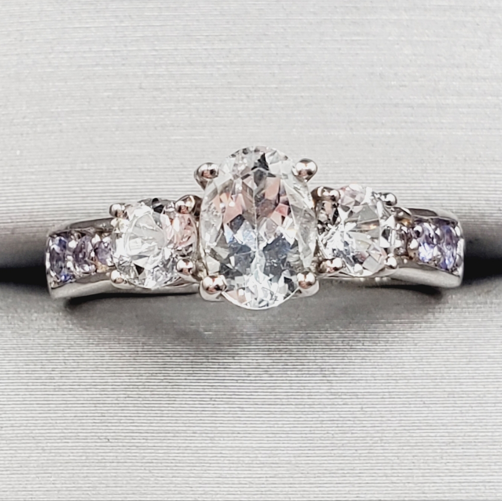 Oval Three Stone Goshenite & Tanzanite 925 Sterling Silver Ring